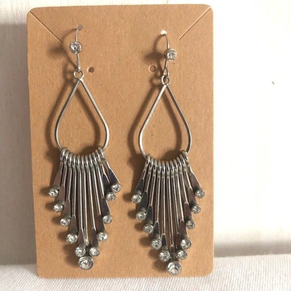 Open Teardrop Bar Rhinestone Silver Tone Pierced Dangle Earrings